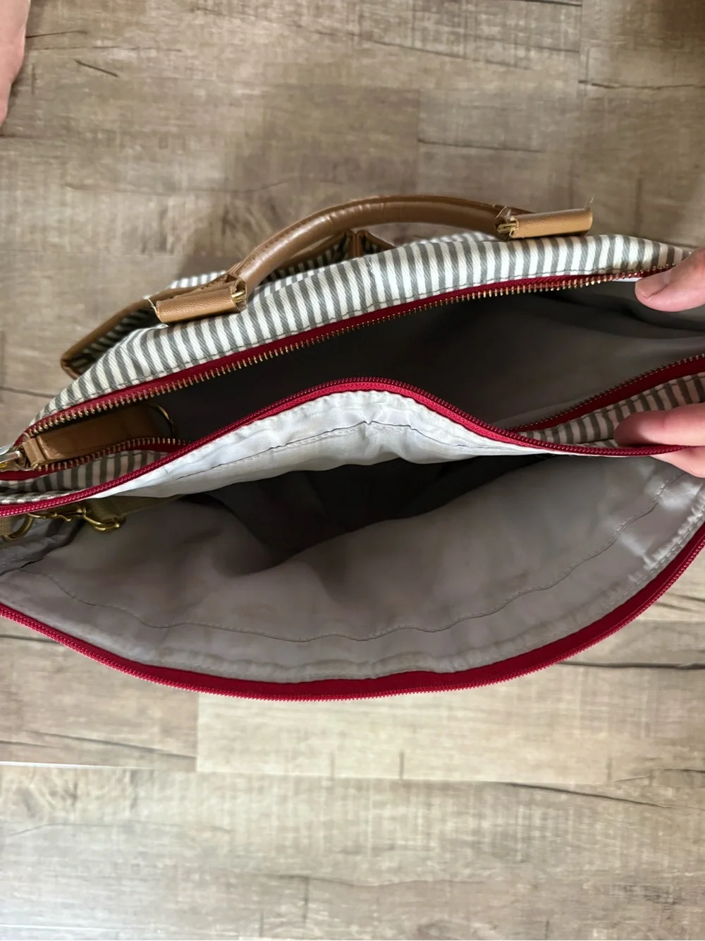 Striped Gray & White Weekender/Diaper Bag with Tan Accents